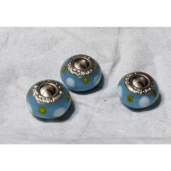 NEW SET OF 3 PANDORA MURANO BEAD - LIGHT BLUE W/ WHITE & GREEN POLKA DOTS - TOO - Picture 1 of 2